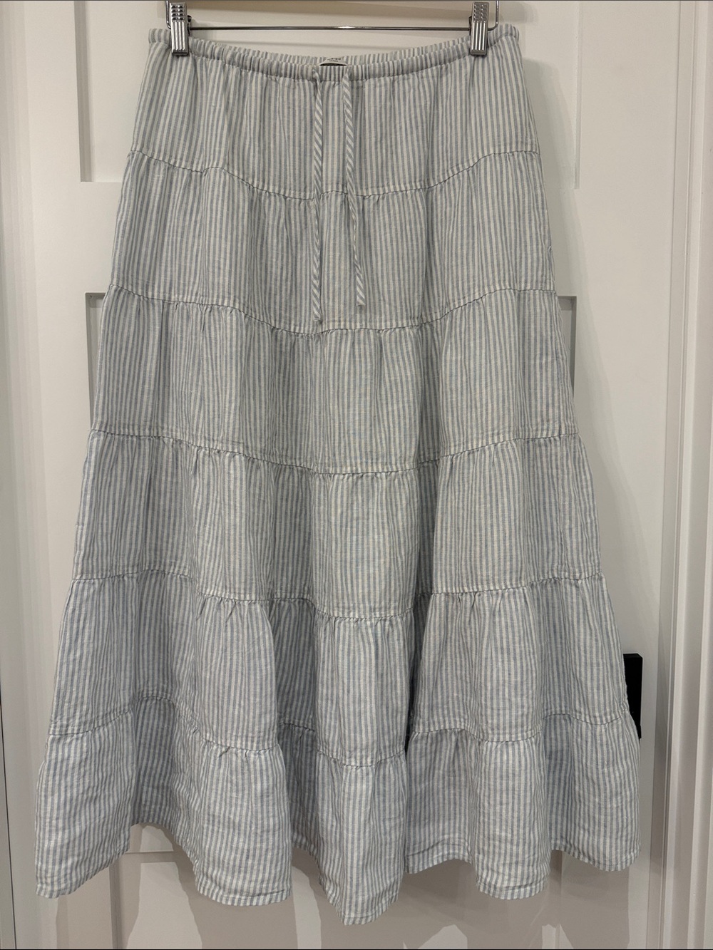 Aritzia Wilfred Light Blue & White Striped Tiered Linen Maxi Skirt